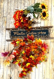 lot 76 image: Fall Decor Collection with Families Gather Here Sign and Assorted Artificial Florals