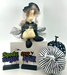 lot 77 image: Halloween Witch Doll with Fabric Pumpkins and Spooky Signs Set