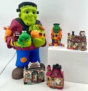 lot 83 image: Halloween Frankenstein Figures and Spooky Ceramic Houses Decor Collection
