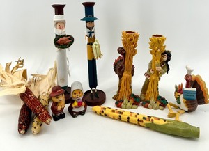 lot 89 image: Thanksgiving Decor Collection Figurines, Candle Holders, and Decorative Corn