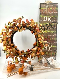 lot 91 image: Fall Harvest Wreath, Halloween Sign, and Pumpkin Picks Decor Set
