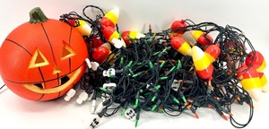 lot 171 image: Halloween Lighted Pumpkin Basketball, Candy Corn, and Skull String Lights Set