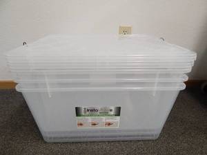 lot 23 image: Set of 3 Greenmade Instaview 45 Quart Multi-Use Storage Bins one bin missing a latch