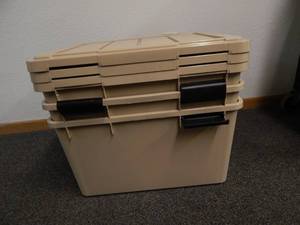lot 55 image: Set of 3 Weatherpro Heavy-duty 44 qt. Storage Bin missing some latches