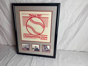 lot 8 image: Framed MN Twins 1987 Championship Drive Homer Hanky