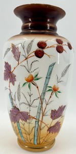 lot 1 image: Hand-Painted Bristol Glass Vase with Floral and Berry Design
