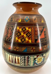lot 8 image: HandcraftedUkrainianPottery Vase with Colorful Geometric Patterns