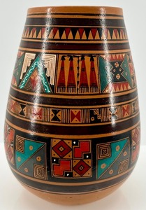 lot 9 image: Hand-Painted Ukrainian Terracotta Vase with Geometric and Tribal Motifs