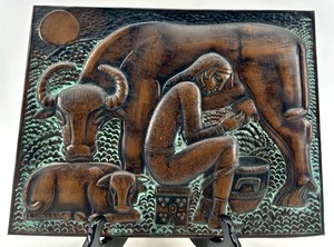 lot 13 image: Vintage Copper Relief Wall Art of Milking Scene