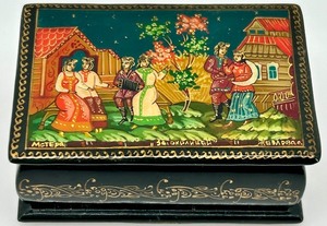 lot 18 image: Russian Hand-Painted Lacquer Trinket Box with Folk Scene