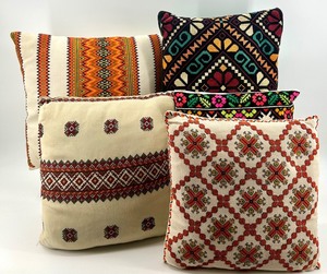 lot 24 image: Set of 5 Handwoven Decorative Throw Pillows with Embroidered Folk Patterns