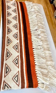 lot 29 image: Vintage Crochet Afghan Blanket with Geometric Pattern and Fringe