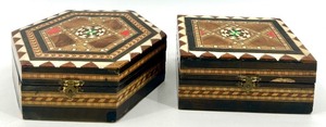 lot 46 image: Set of 2 Spanish Marquetry Trinket Boxes with Geometric Inlay