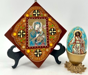 lot 50 image: Hand-Painted Religious Icon Plaque and Decorative Egg with Stand