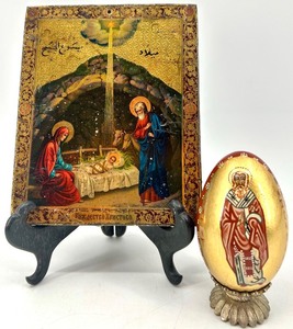 lot 51 image: Vintage Russian Religious Icon and Painted Saint Nicholas Egg Set