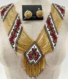 lot 55 image: Ukrainian Beaded Necklace with Red, Black, Green and Gold Pattern and Gold Sequin Clip-On Earrings