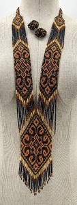 lot 58 image: Beaded Ukrainian Necklace and Clip-On Earrings Set with Geometric Pattern