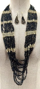 lot 59 image: Ukrainian Multi-Strand Black and Gold Beaded Necklace and Earring Set