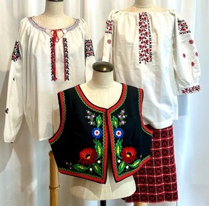 lot 64 image: Ukrainian Folk Clothing Set with Embroidered Blouses, Vest, and Plaid Skirt