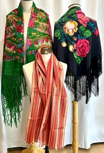 lot 65 image: Set of 3 Colorful Vintage Scarves and Shawls with Floral and Stripe Patterns