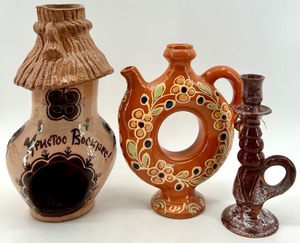 lot 70 image: Set of 3 Vintage Ukrainian Pottery Pieces - Jug, Decorative Vessel, and Candle Holder