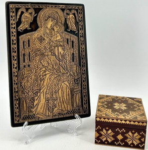 lot 76 image: Vintage Carved Wooden Icon Plaque and USSR Marquetry Box Set