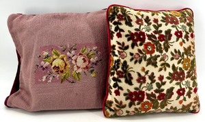 lot 81 image: Pair of Vintage Floral Needlepoint and Velvet Throw Pillows