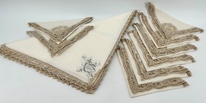 lot 86 image: Set of 8 Vintage NOS Linen Napkins with Crochet Lace Trim