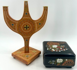 lot 114 image: Ukrainian Folk Art Wooden Candle Holder and Trinket Box Set