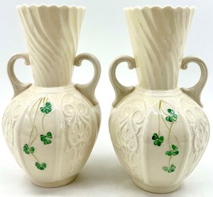 lot 124 image: Pair of Belleek Harp Shamrock Porcelain Vases 