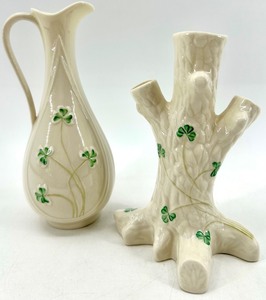 lot 125 image: Belleek Ireland Porcelain Shamrock Creamer Pitcher and Tree Vase