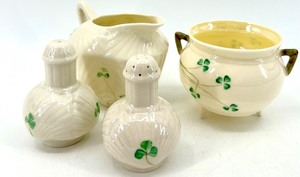 lot 126 image: Belleek Ireland Harp Shamrock Creamer, Sugar Bowl, and Salt & Pepper Shakers Set