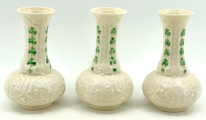 lot 128 image: Set of 3 Belleek Irish Porcelain Vases with Harp Shamrock Design