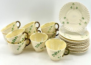 lot 130 image: Belleek Harp Shamrock Pattern Set of 10 Cups and 10 Saucers