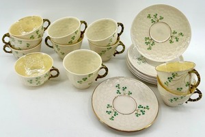 lot 133 image: Belleek Basketweave Shamrock Pattern Irish Porcelain Tea Set