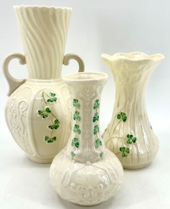 lot 135 image: Set of 3 Belleek Irish Porcelain Shamrock Vases