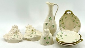 lot 137 image: Belleek Ireland Harp Shamrock Porcelain Collection - Pitcher, Trinket dishes, Bell and Plates