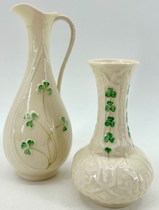 lot 138 image: Belleek Irish Porcelain Vase and Pitcher Set with Shamrock Design