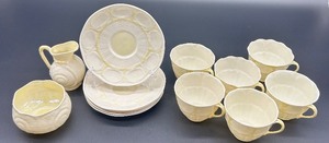 lot 147 image: Belleek Ireland Toy Shell Pattern Creamer and Sugar, Limpet Yellow Cups and Plates