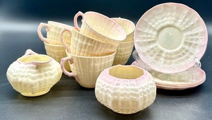lot 161 image: Belleek Pink Tridacna Tea Set with Cups, Saucers, Creamer and Sugar Bowl
