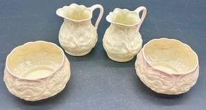 lot 170 image: Belleek Pink Lotus Pattern Creamer and Sugar Bowl Set of 4