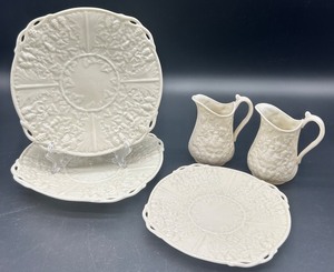 lot 176 image: Belleek Bacchus Mask and Grapes Creamer and Plate Set