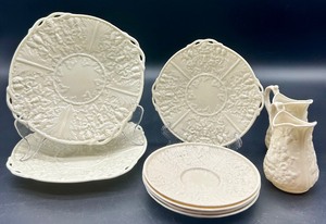 lot 176 image: Belleek Bacchus Mask and Grapes Creamer and Plate Set