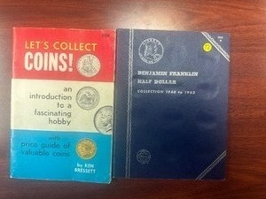 lot 72 image: 1963-D Silver Franklin Half Dollar in a Whitman book and Coin Collecting Book Lets Collect Coins from 1967