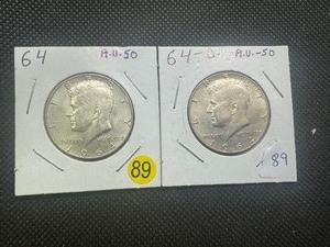 lot 89 image: Two 90% Silver Kennedy Half Dollars 1964 and 1964-D - Both Marked AU50 when Purchased
