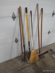lot 53 image: Long-Handled Tool Lot - Rakes, Brooms, Shovels
