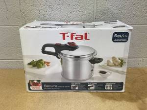 lot 447 image: T-fal Initiatives Secure Aluminum Cookware, 6 Quart Pressure Cooker, Silver