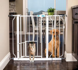 lot 123 image: Carlson Pet Products Metal Gate for Dogs, Extra-Wide Walk Through, Additional Small Door, White, 31