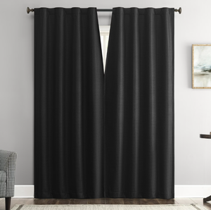 lot 138 image: LOT OF 2 Sun Zero Vance 2-Piece Magnetic Closure 100% Blackout Back Tab Curtain Panel Pair, 37x84, Black