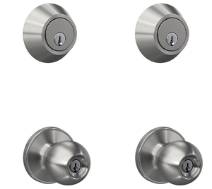 lot 217 image: First Secure by Schlage Deadbolt and Keyed Entry Rigsby Knob, 2PK in Stainless Steel